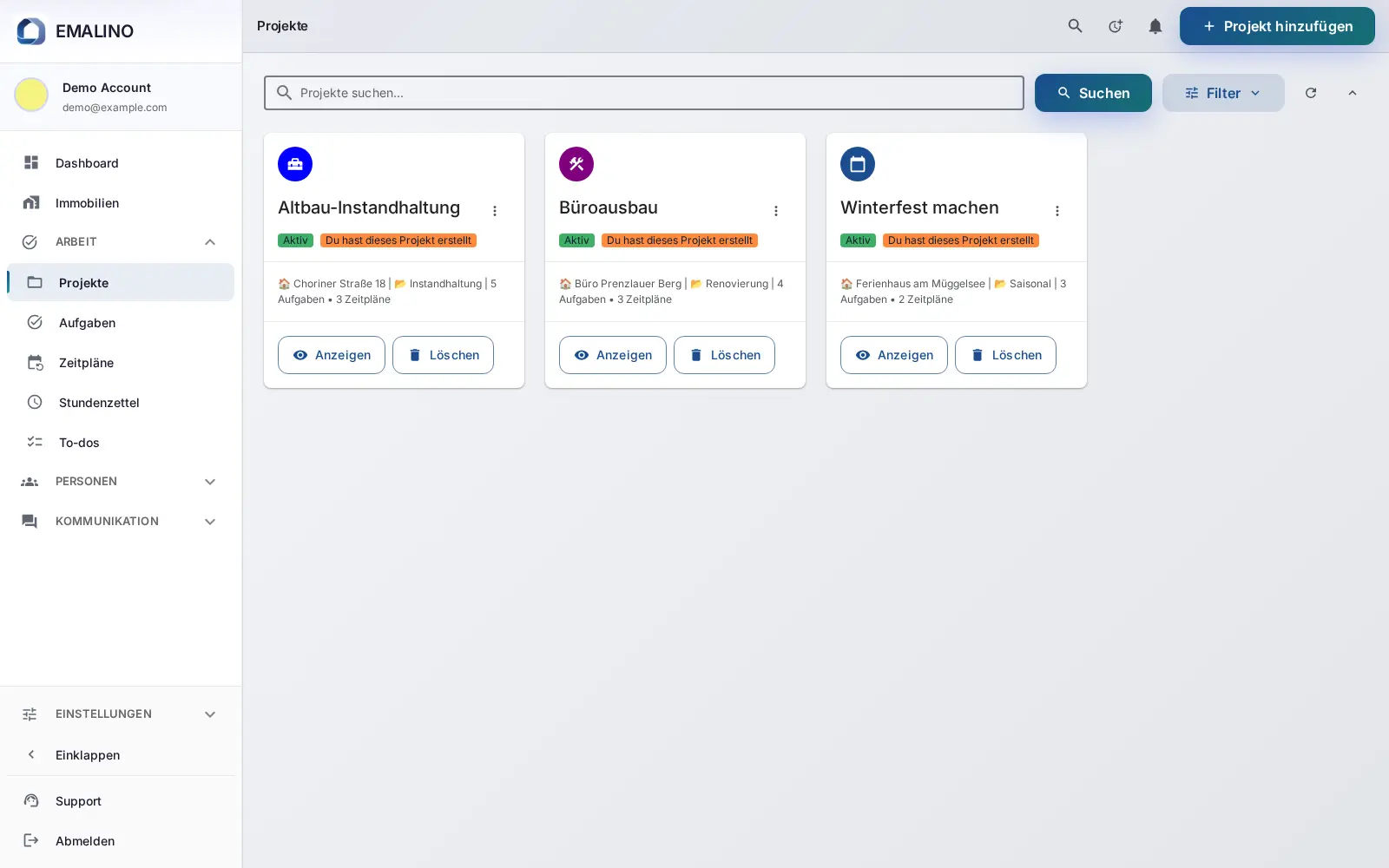 Ein Sanierungsprojekt in EMALINO im Browser, mit Team, Aufgaben und Terminplan