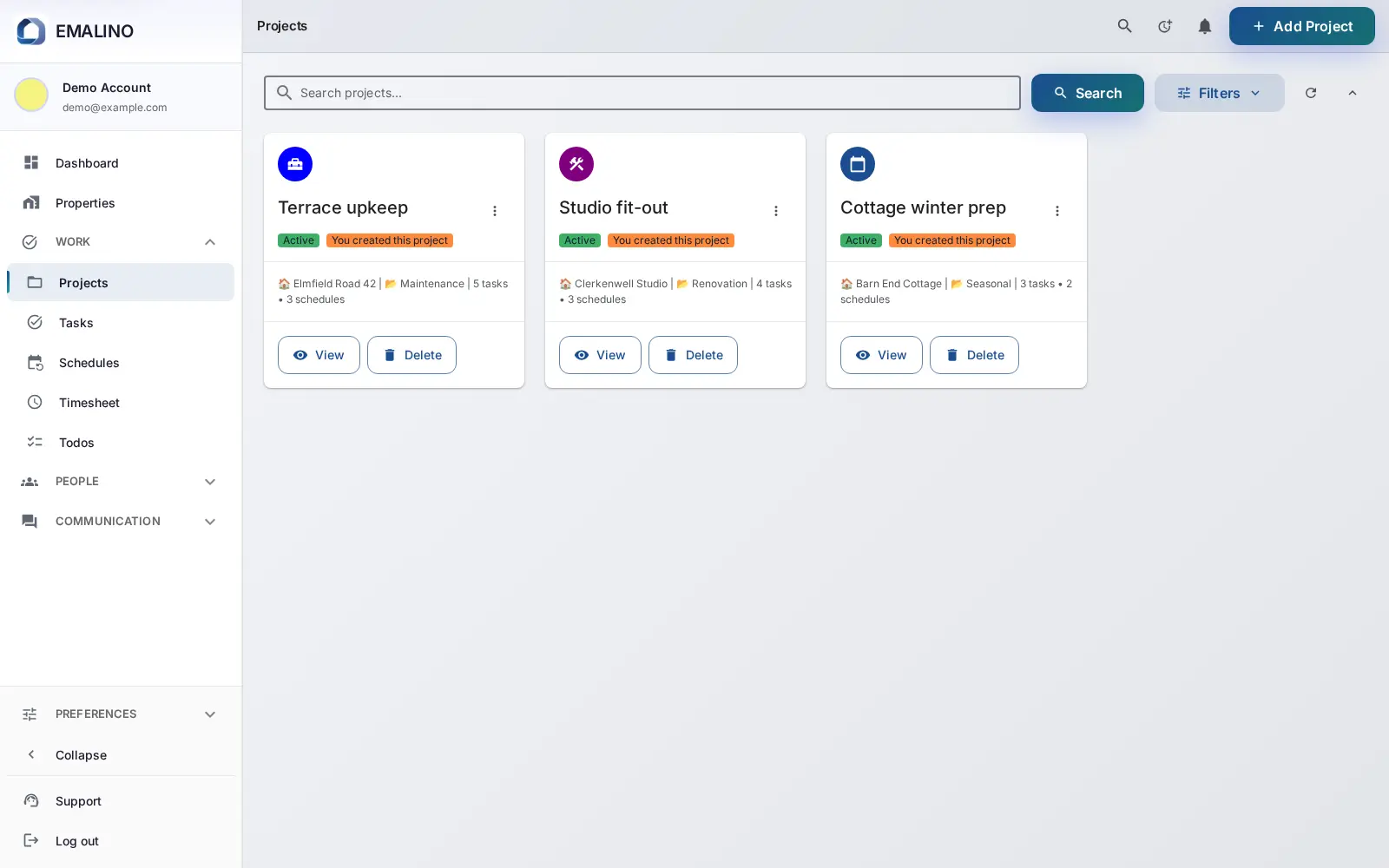 A renovation project in EMALINO in a browser, with its team, tasks, and schedule