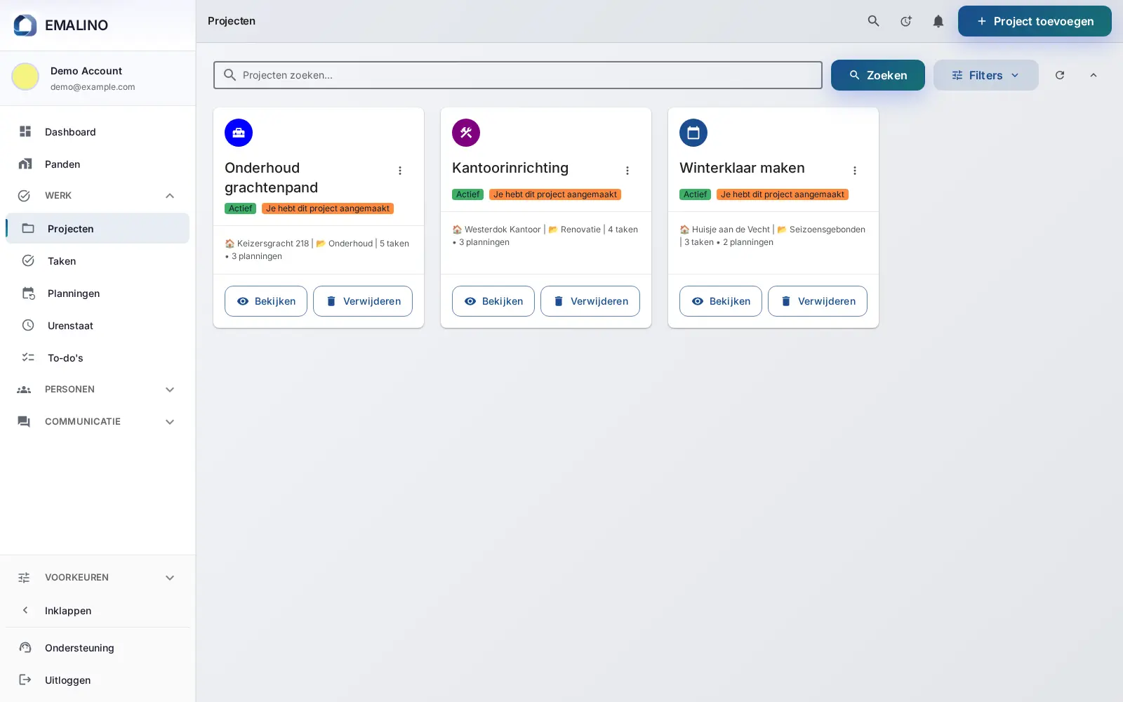 Een verbouwingsproject in EMALINO in een browser, met team, taken en planning