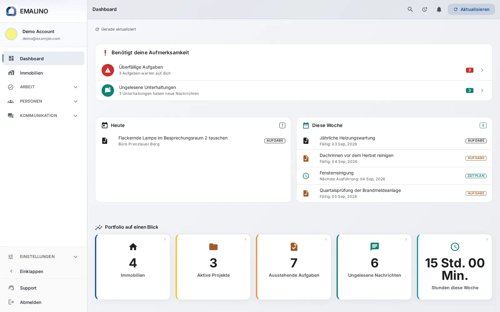Das EMALINO-Dashboard mit offenen Punkten, der Woche und einer Übersicht des Portfolios