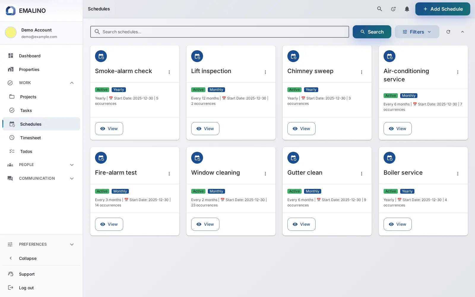 The recurring schedule editor in EMALINO showing a yearly boiler service