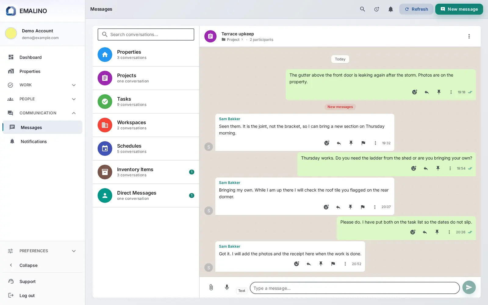 A conversation in EMALINO about a repair, attached to the project it belongs to